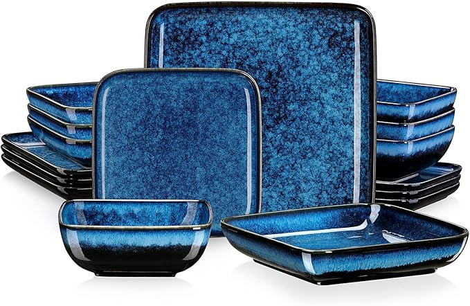 vancasso Stern Square Stoneware Dinnerware Set for 4,16 Piece Dining Set | Reactive Glaze Plates and Bowls Set, Chip and Scratch Resistant, Microwave & Dishwasher Safe for Everyday Dining,Blue