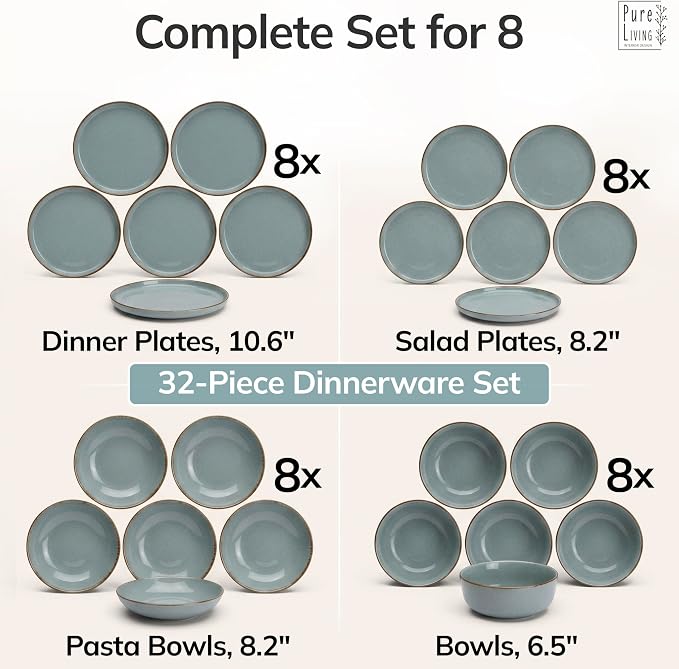 Stoneware dinnerware set 8 persons Rustic 32 pcs - Rustic design dinnerware set, dishwasher safe - Bowl and plate set - Pure Living dinnerware in smoky blue…