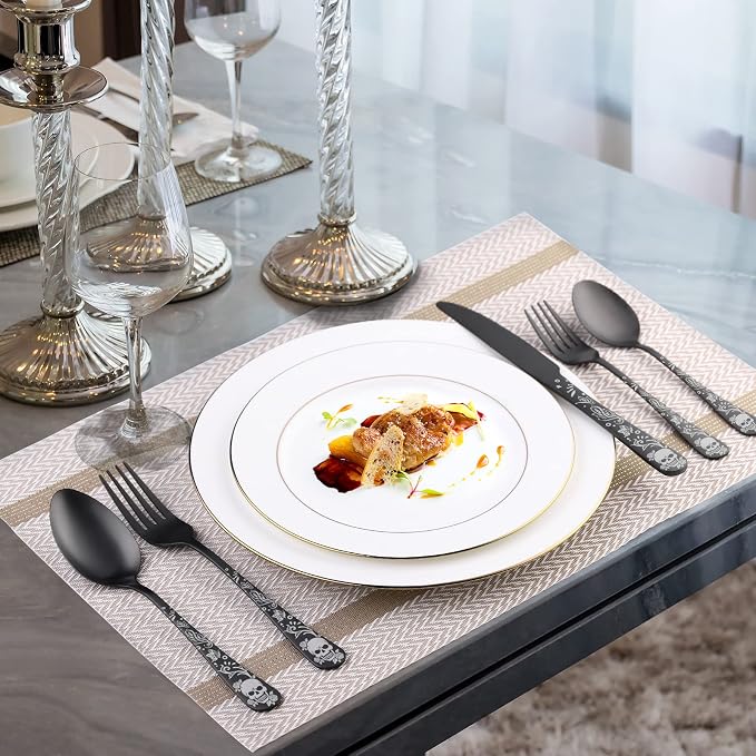 40 Piece Skull Pattern Matte Silverware Set for 8, Black Flatware set Service for 8,Gothic Unique Skull Pattern Design,18/0 Stainless,Satin Finish Cutlery for 8,Dishwasher Safe