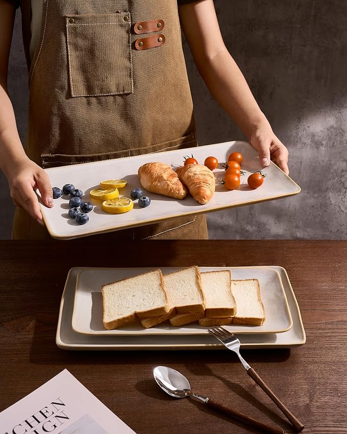 Famiware Serving Platters Set of 3 Sizes - Rectangular, Cappuccino White | 15.67"/14.1"/12.6" Fine Stoneware Serving Trays for Party, Entertaining for Food, Turkey, Cheese, Microwave Dishwasher Safe