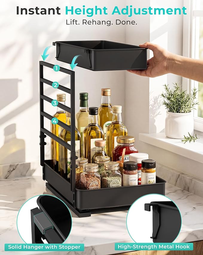 EVERIE Height Adjustable 2 Tier Metal Pull Out Slide Shelf Organizer for Under Sink Cabinets in Kitchen, Bathroom, with Snap-on Top Tray, 16" Deep (Black, 2 Sets) | Pull Out