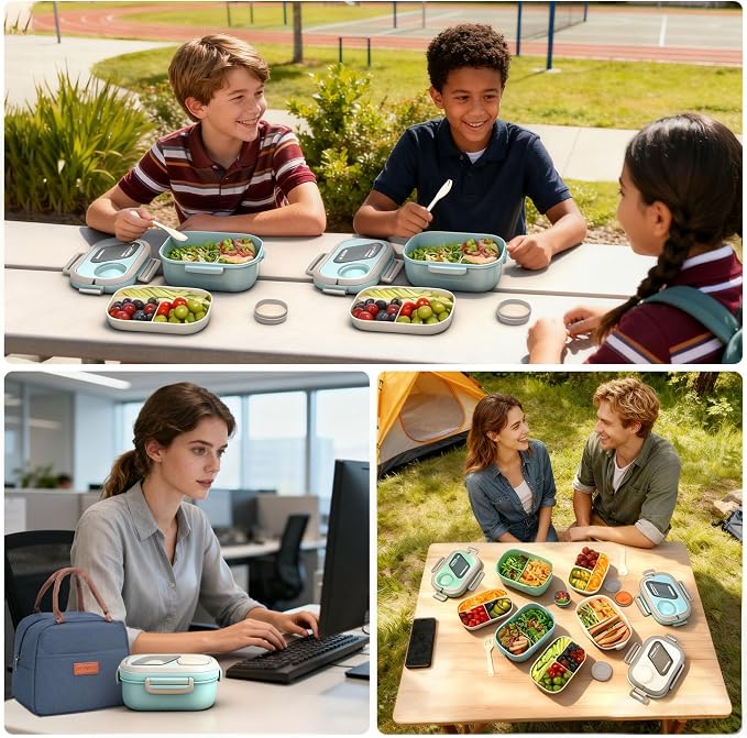 Blue Bento Box with Bag, 2-Tier Stackable with Utensils & Sauce Box | 3 compartments prevent food mixing,Portable sauce pod included,Microwave safe,BPA-free, for adults, kid, work, travel,pinic