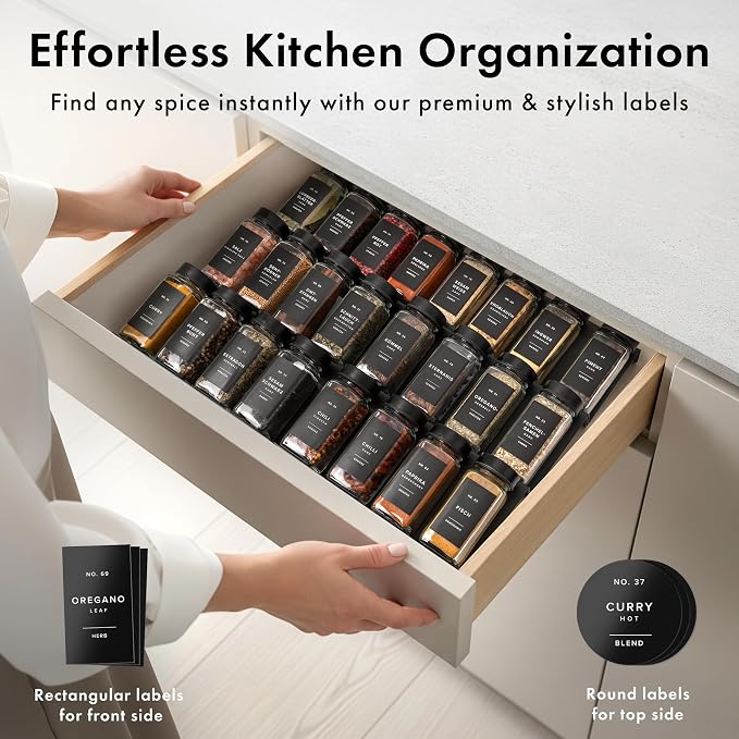 Glass Spice Jars with Label, Seasoning Set, 36x Black Steel Lids | Airtight Lids keep spices fresh, Kitchen Spice Drawer Organizer, 4oz Seasoning Containers incl. Funnel, Brush & 240 Labels