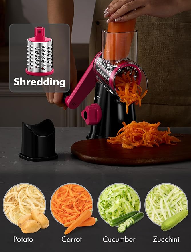 GDL Cheese Grater Hand Crank, Rotary Cheese shredder, Vegetable Slicer | 3 Stainless Steel Blades, 12x Fast Cutting, Non-slip Suction Base, No BPA, Dishwasher Safe, Easy Use for Cheese, Veggies, Nut
