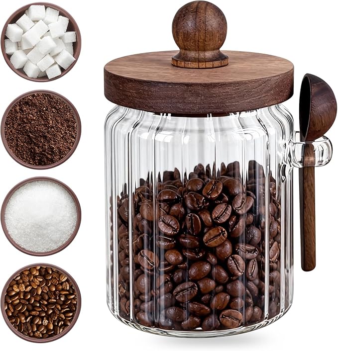 20oz Ribbed Glass Brown Sugar Bowl Wooden Lid Spoon Farmhouse Jar | Farmhouse ribbed glass canister stores coffee, tea, spice & baking goods; decorative kitchen counter food storage container