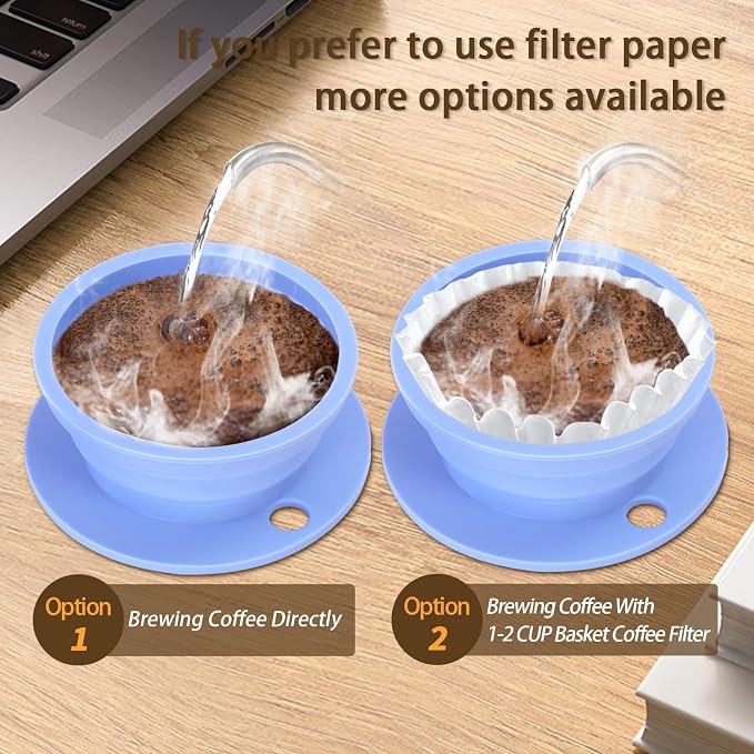 Collapsible Paperless Pour Over Coffee Dripper, Single Cup Travel Pour Over Coffee Maker Camping, Portable Silicone PourOver Coffee Filter with Reusable Metal Mesh Filter (Blue)