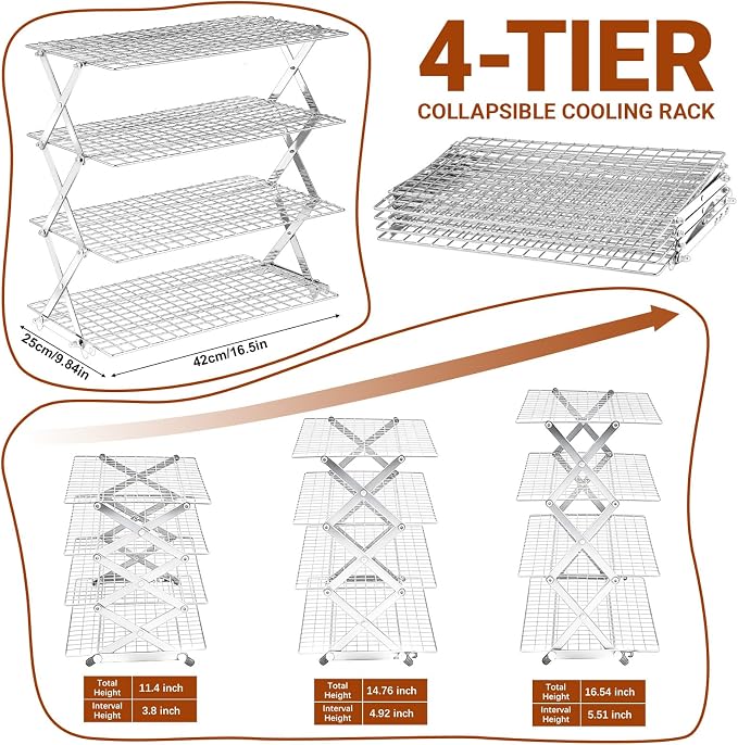 4 Tier Collapsible Cooling Rack - Adjustable Stainless Steel Baking Rack with Leak-Proof Mesh, X-Shaped Structure Cooling Rack for Cooking and Baking, Roasting ＆ Grilling Gift for Party