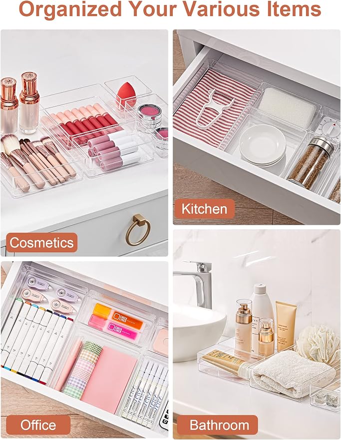 SMARTAKE 16 PCS Drawer Organizer, 5-Size Desk Bathroom Drawer Organizer | 5-Size Storage Tray with Non-Slip Silicone Pads for Makeup, Jewelries, Utensils in Bedroom Dresser, Office and Kitchen, Clear