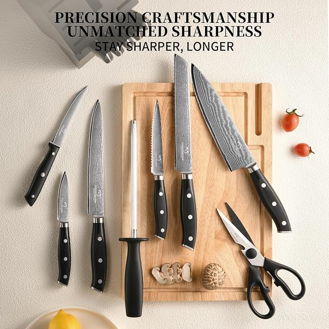 NANFANG BROTHERS Damascus Kitchen Knife Set 14 Pieces with Shears & Sharpener - VG10 Damascus Steel, ABS Ergonomic Handle, Wooden Block Storage Black