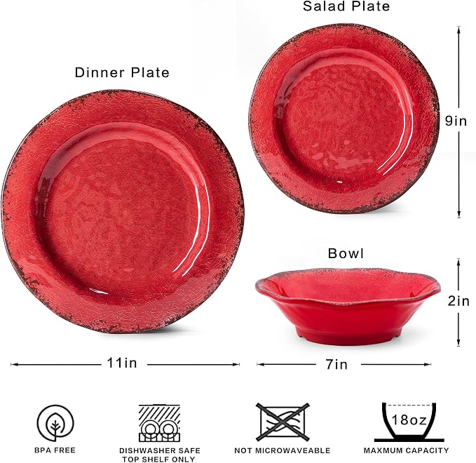 LEHAHA Farmhouse Plates and bowls set, 12 Piece Christmas Melamine Dinnerware Sets for 4,Lightweight and Unbreakable Dishes Set,Perfect for Indoor and Outdoor and Picnic use. Red