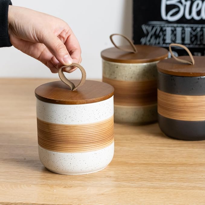 Miamolo Small Ceramic Jar with Lid, Coffee Container Canister Kitchen Food Storage Jars for Spice Sugar Tea Bag, Stackable Decorative Jars for Countertop, White & 5 fl.oz