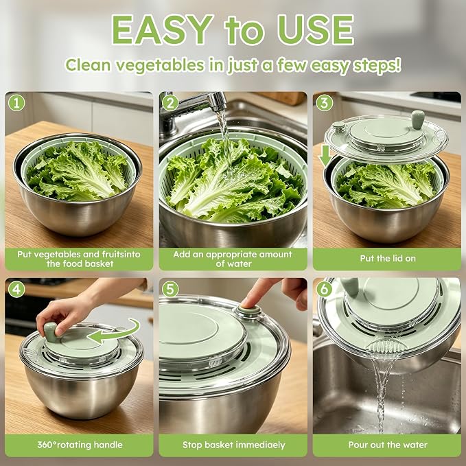 Stainless Steel Salad Spinner Large with 5 Blades Slicer, Vegetable Dryer, Non-Slip Base, Stop Button, Vegetable Fruits Chopper Bowl 5L Capacity with Egg Yolk Strainer