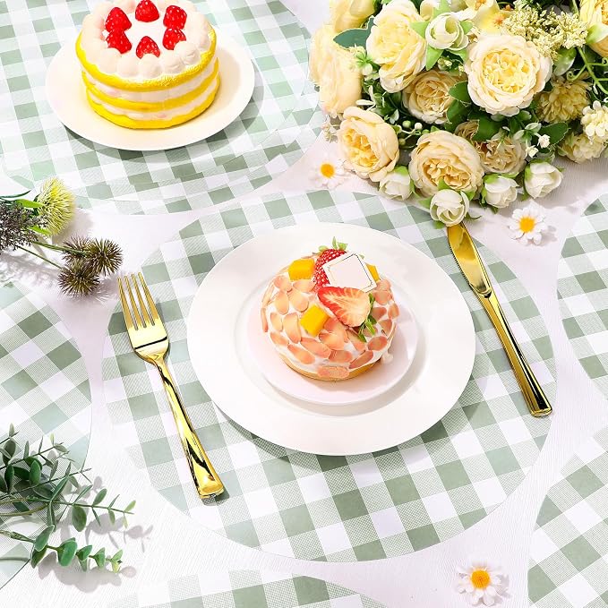 Funnymoom 60 Pcs Green and White Gingham Disposable Paper Placemats Round Table Place Mat Summer Checkered Decorative Paper for Baby Shower Wedding Birthday Party Dinner Table Decor
