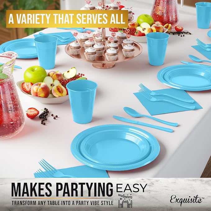 350 Pcs Light Blue Plastic Plates For Party, Light Blue Disposable Plates Set, 50 Of Each 9" Dinner Plate Set, 7" Dessert Plate, Cups, Napkins & Cutlery Plastic Dinnerware Set Exquisite
