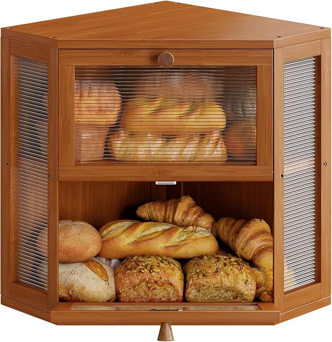 WOWLIVE Double Layer Corner Bread Box for Kitchen Countertop with 2 Doors | Bamboo Bread Storage Container, Large Farmhouse Breadbox with Acrylic Wavy Door, Under Cabinet Organizer, Caramel, Medium