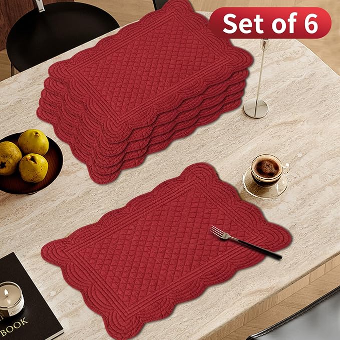 6 PC Quilted Placemats, 18"X13"Extra Large Cotton Placemats Set of 6, 100% Cotton Fabric Washable Cloth Table Mats for Kitchen & Dining Table - Soft &Easy Clean(Red, Rectangular)