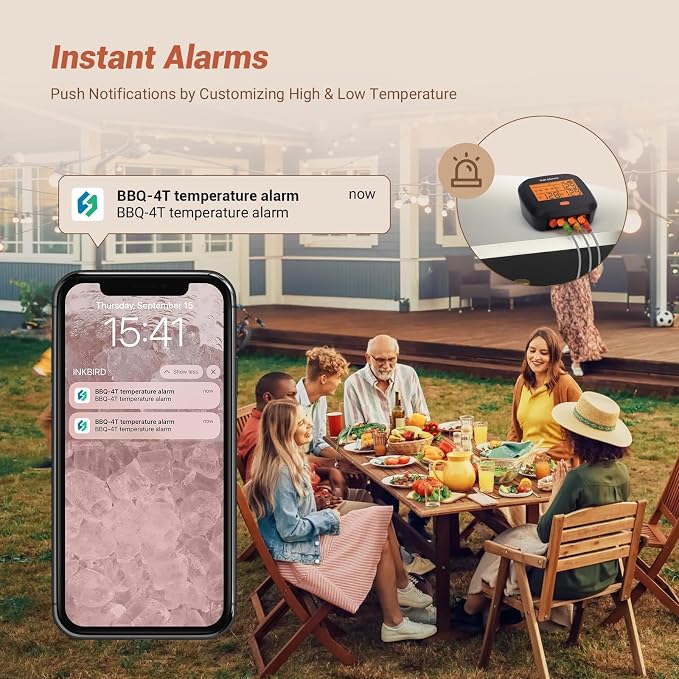 INKBIRD WiFi Meat Thermometer IBBQ-4T, Wireless BBQ Thermometer for Smoker | APP Calibration Temp Graph, Mobile Notification Timer Alarm Backlit, Rechargeable Digital Grill Thermometer, 4 Probes, Magnet