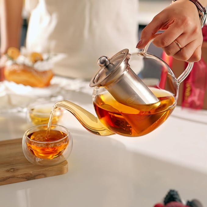 CNGLASS 40oz Glass Teapot with Removable Infuser,Clear Tea Kettle Stovetop Safe,Blooming and Loose Leaf Tea Maker Set