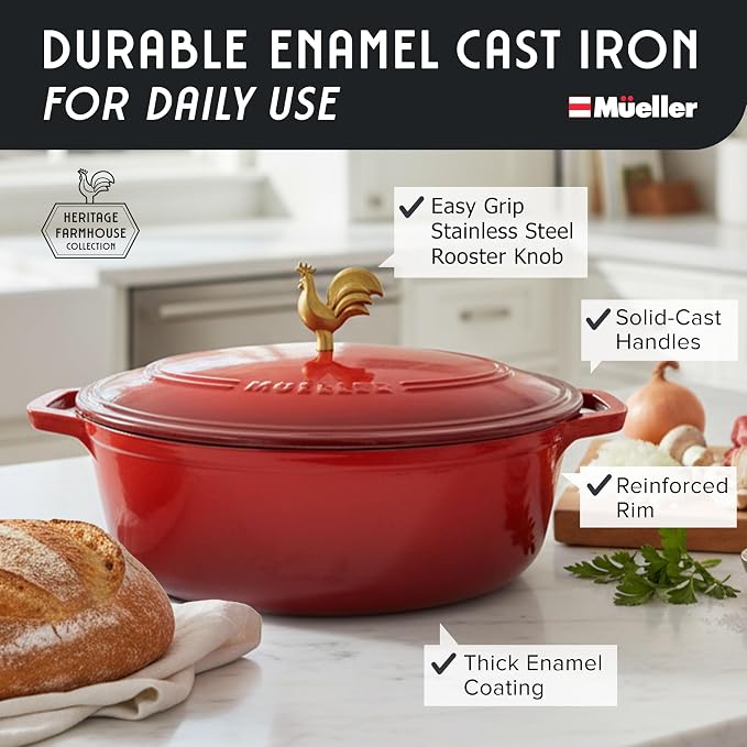 MUELLER HOME 5.5 Quart Enameled Cast Iron Oval Dutch Oven w Rooster Knob & Cotton Potholders, Heavy-Duty Cookware, Oven-Safe up to 500° F & Across All Cooktops, Gifts for Grandma & Women, Red | w Rooster Knob & Cotton Potholders, Heavy-Duty Cookware, O...