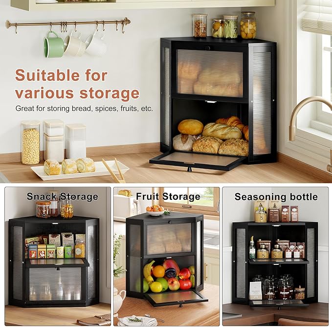 WOWLIVE Double Layer Corner Bread Box for Kitchen Countertop with 2 Doors | Bamboo Bread Storage Container, Large Farmhouse Breadbox with Acrylic Wavy Door, Under Cabinet Organizer, Black, Extra Large