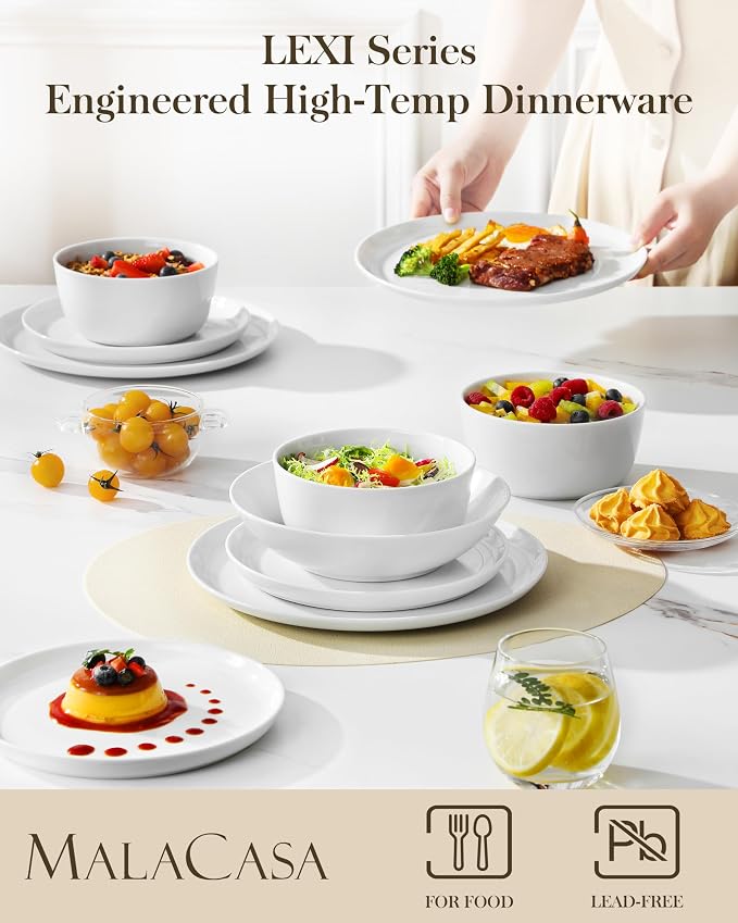 MALACASA 24-Piece Dinnerware Set for 6, White Porcelain Dishes | High-Fired Porcelain, Chip Resistant, Includes Dinner Plates, Salad Plates, Pasta and Cereal Bowls