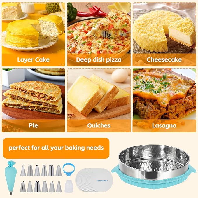 10 Inch Springform Pan for Baking, 304 Stainless Steel Cheesecake Pan with Removable Bottom, Includes 12 Piping Tips and 50 Parchment Papers for Pie Cake Pizza and Quiches(10" Cake pan)