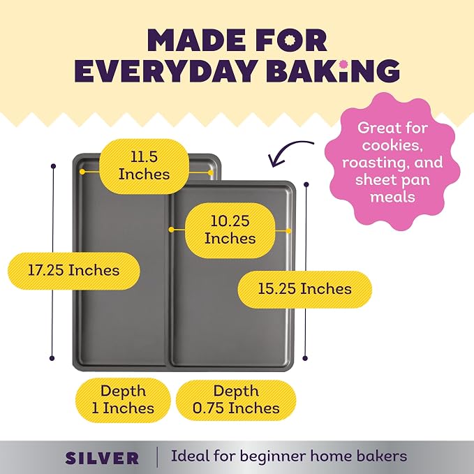 Wilton Silver Non-Stick Baking Sheet Set, Made Without PFAS, 2-Piece | Non-Stick Steel Bakeware Set, Dishwasher Safe with 5-Year Limited Warranty, Perfect for Cookies, Roasting & Sheet Baking