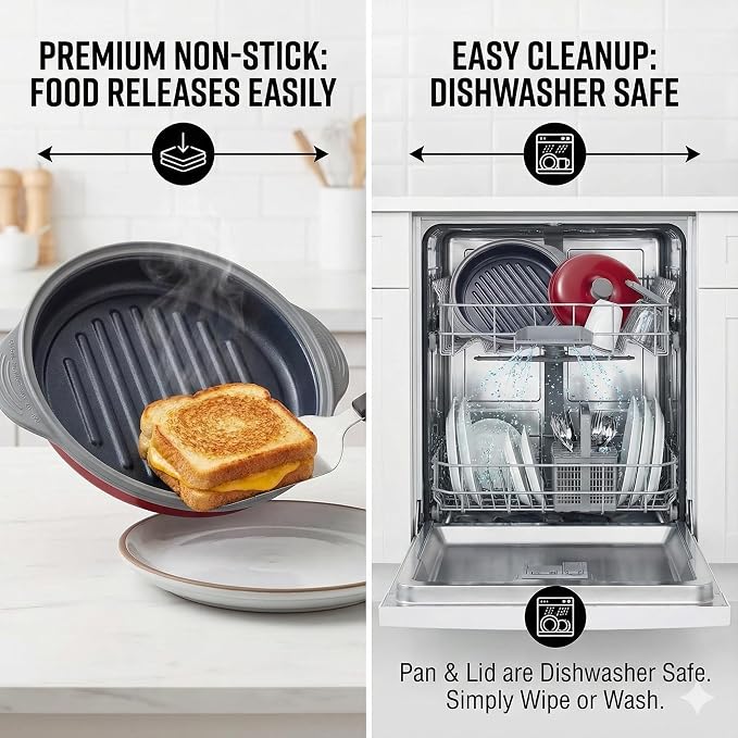 MACONEE Microwave Grill Pan | Microwave Griller, Griddle & Crisper Pan with Lid for Grilling, Browning, and Crisping Foods Microwave Cookware for Grill Meat, Sandwich & Vegetable inside a Microwave