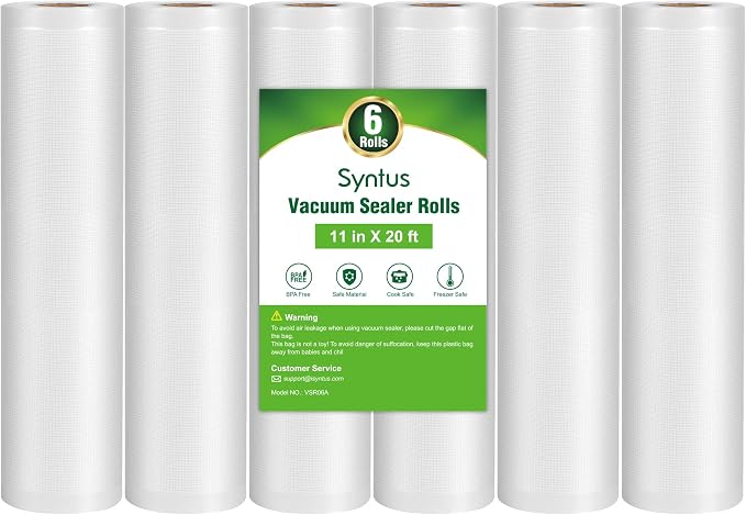 Syntus 6 Rolls 11" x 20' Vacuum Sealer Bags, BPA Free for Food Storage | 4mil Thick, Custom Length, Keep Food Fresh Longer, Freezer Microwave Sous Vide Cooking, Works with Most Vacuum Sealers