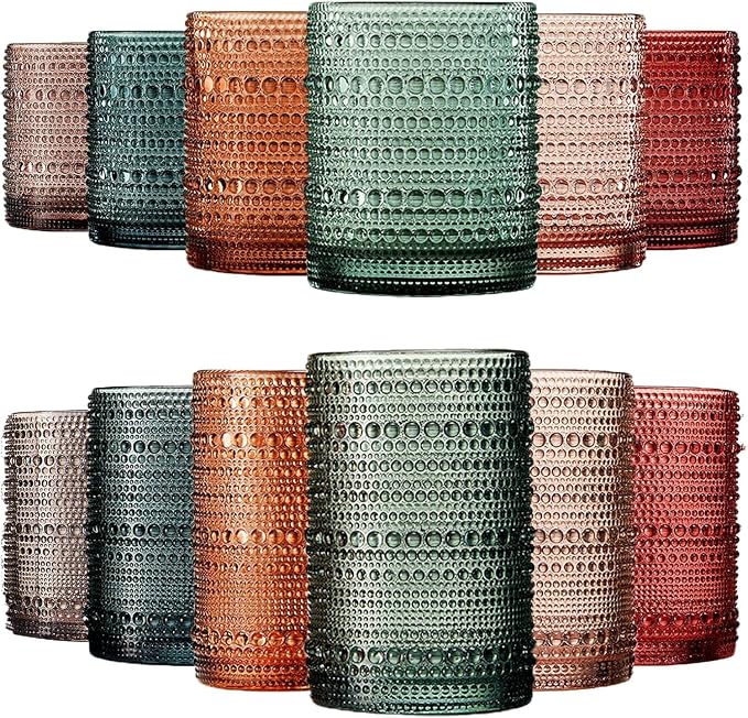 Hobnail Highball Glasses, Vintage Beaded Tumblers Set of 12, 14 & 11 oz | Vintage Beaded Design, Embossed Bubble Texture, Comfortable Grip, Ideal for Water, Whiskey, Cocktails, Wine & Mixed Drinks,