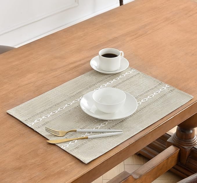 Wracra Cotton Linen Place Mats, Coffee Embroidered Placemats Set of 4 | Placemats 12 x 18 Inch; Cotton Linen Woven Fabric; Heat Resistant Table Mats; Raised Embroidered Hollow Design