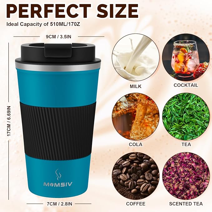 MOMSIV 17oz Travel Coffee Mug, Insulated Coffee Cup with Leakproof Lid | 6-Hour Heat Retention, 360°Leak proof, Vacuum Stainless Steel Double Walled, BPA-free, Reusable And To Go Coffee Mug
