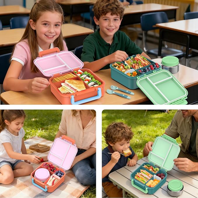 Kids Bento Lunch Box with Soup Thermo (9oz)– Hot & Cold Lunch Container with Leak Proof Insulated Food Jar for School Girls Boys, Ideal Size for Ages 3 to 7, Pink/Orange