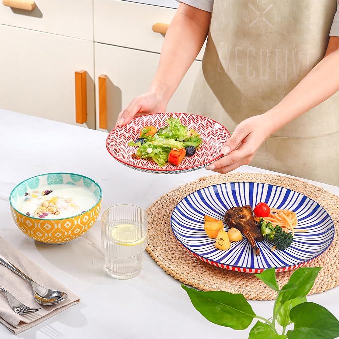 Selamica Ceramic Plates and Bowls Sets,18 Pieces Dinnerware Sets for 6,Dishwasher & Microwave Safe dish set,Family & Holiday Dining, Assorted Colors