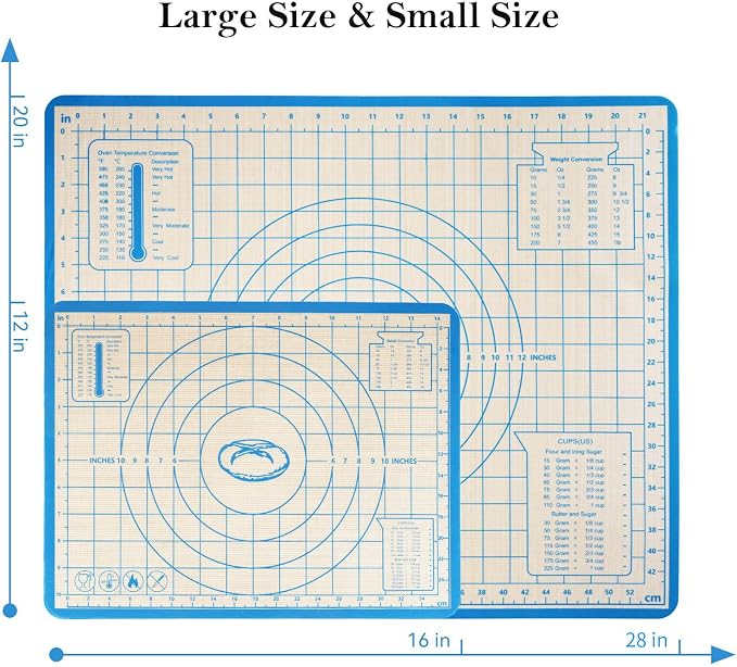 Silicone Baking Mat Set, 28x20 & 16x12 Inch, Blue (2 Pack) | Food-grade silicone; non-stick, non-slip; pastry dough kneading; printed measurement guides