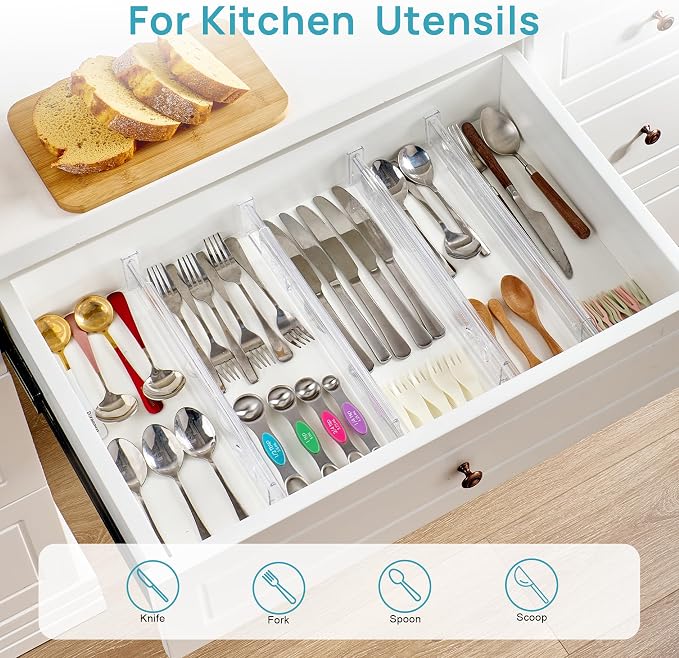 Vtopmart 2.36" Short Upgrade Drawer Dividers 12.8"-22.3" Expandable 12 Pack | Adjustable Kitchen Drawer Organizer, Clear Plastic Separator for Flatware, Utensils, Cutlery, Underwear Storage, Space Saving