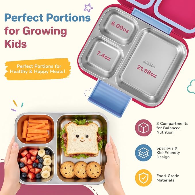 Bento Lunch Box for Kids, 3 Compartment 304 Stainless Steel Food Container with Handle & Spork, Kids Lunch Box Fits Ice Pack, BPA-Free, Rose Red