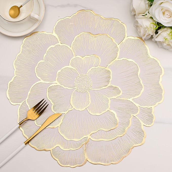 Evevda 15 Inch Gold Floral Shaped Vinyl Placemats for Dinner Table Set of 6 | Plastic Dining Table Mats Non-Silp Waterproof Washable for Wedding Annersary Kitchen Decoration
