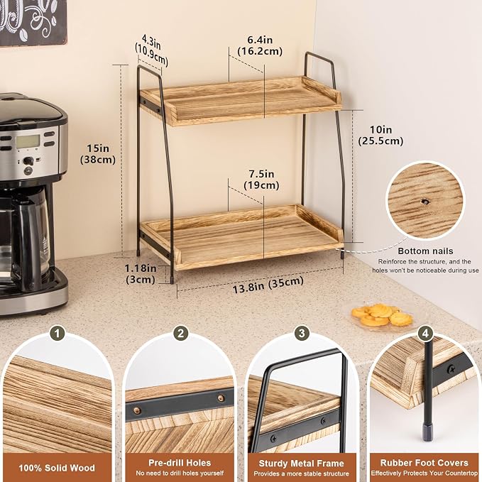 ANBOXIT Countertop Coffee Station Organizer, 2 Tier Wooden Shelf | for Coffee Bar Accessories, Condiment Storage Caddy for Kitchen, Home, Office - Brown