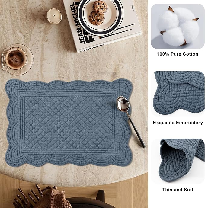 6 PC Quilted Placemats, 18"X13"Extra Large Cotton Placemats Set of 6, 100% Cotton Fabric Washable Cloth Table Mats for Kitchen & Dining Table - Soft &Easy Clean(Navy Blue, Rectangular)