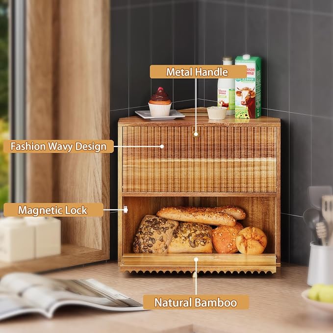 Trironsun Acacia Corner Bread Box for Kitchen Countertop Wood Two Layer Large Capacity Bread Storage Bin Vintage Storage for Homemade Bread (Acacia Wood)