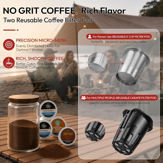 Camping French Press - Portable Coffee Maker for K Cup Pods and Grounds | Mini Coffee Press with No Grit Filter,Paper-Free Brewing,Less Bitterness & More Flavor,Camping Essentials,Hiking or Travel