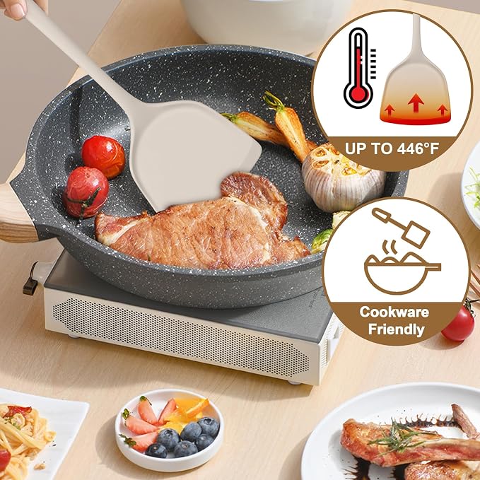 TeamFar Silicone Cooking Utensils Set, 5-Piece Kitchen Utensils Se | Heat Resistant Nonstick Slotted Solid Spoon Turner Pasta Server for Frying Serving Mixing, Non-Toxic & Dishwasher Safe, Khaki