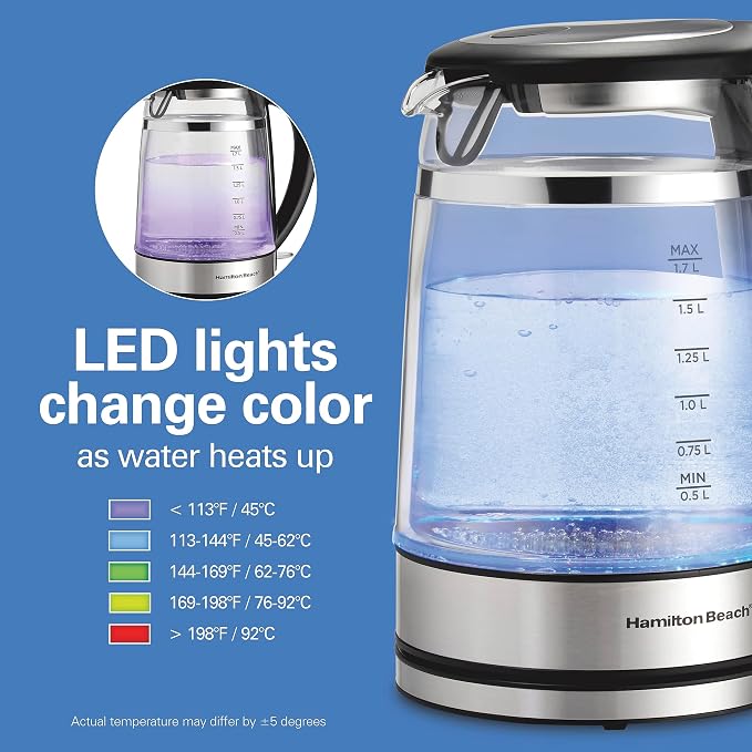 Hamilton Beach Double Wall 1.7L Electric Tea Kettle, Water Boiler & Heater | Fast Boiling 1500 Watts | BPA Free | Cordless Serving | Auto-Shutoff & Boil-Dry Protection | Color Change LED | Clear Glass