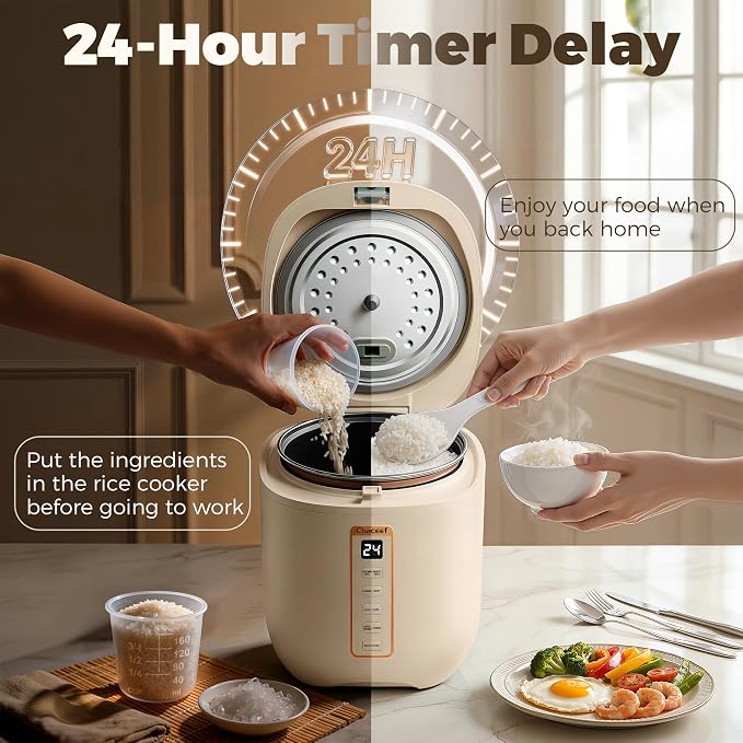 CHACEEF 1.2L Small Rice Cooker, 2 Cups Uncooked Portable Mini Rice Cooker | Smart Control, Non-Stick Pot, 24H Timer & Keep Warm, Multifunction for Soup, Oatmeal & Grain, Ideal for Dorm, Office & Travel