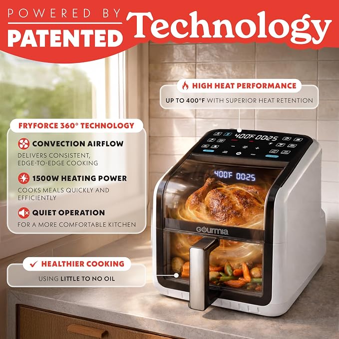 Gourmia Air Fryer 7 QT - Easy View Panorama Window & Interior Light, Guided Cooking with 12 One-Touch Presets, FryForce 360, Dishwasher Safe Accessories, White