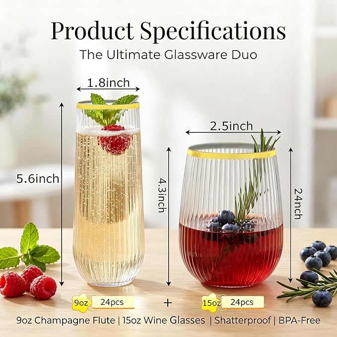 Lueumxc 48 Pack Plastic Wine Glasses Disposable Ribbed Champagne Flutes, 24 Pcs 9 OZ Stemless Champagne Flutes & 24 Pcs 15 OZ Disposable Wine Glasses, BPA-Free