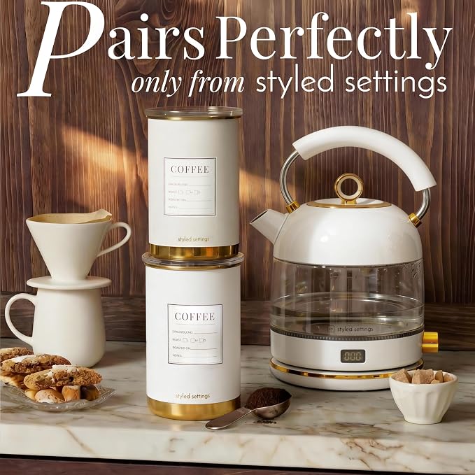 STYLED SETTINGS Vacuum Coffee Container Set, 2-Piece, White and Gold | Stainless Steel, BPA Free, Food Grade, Airtight, Vacuum Effect, Double Lid