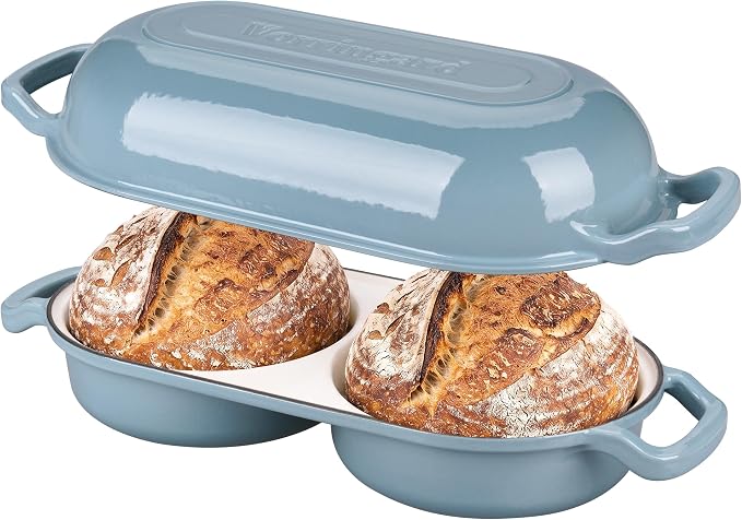 Enameled Cast Iron Double Dutch Oven with Lid, Dual Round Loaf Pan, Bread pan for Homemade Sourdough Bread Baking, Sea salt