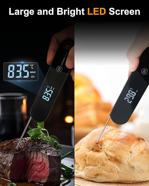 Charmline Meat Thermometer | 180° Auto-Rotating LED Display, 0.5-Second Read, Dual-battery Design, IP67 Waterproof and Dustproof
